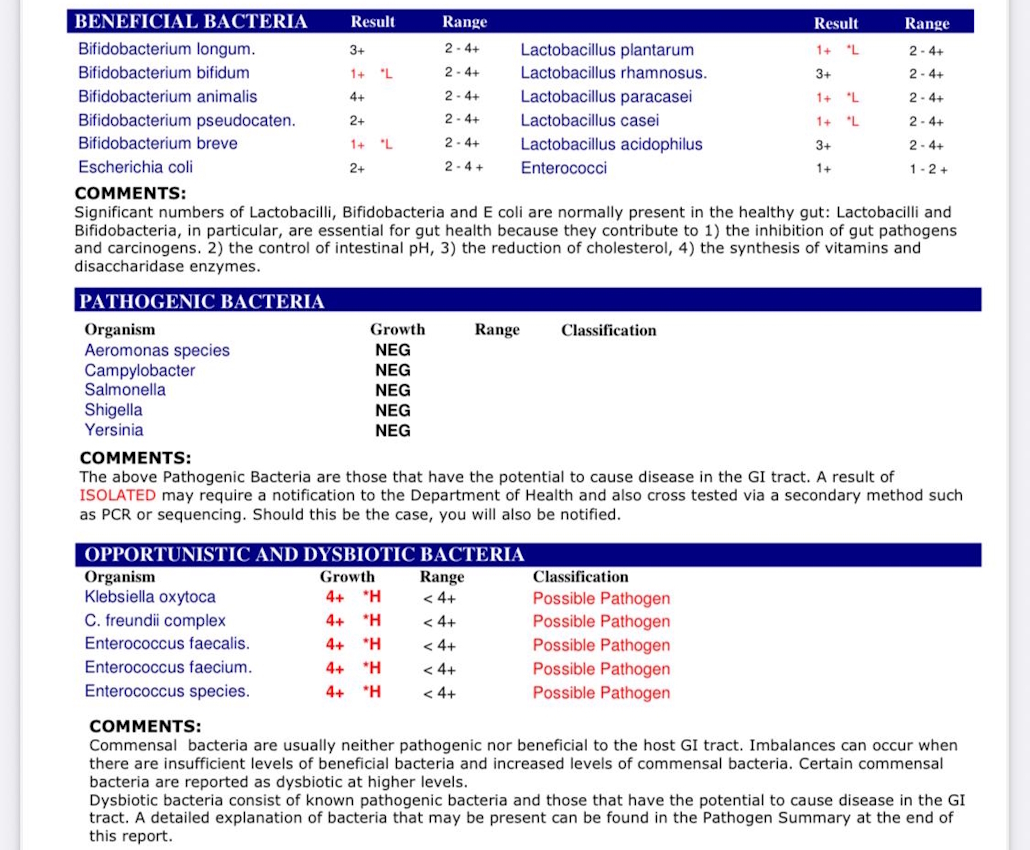 Microbiome test results showing significant overgrowth of opportunistic bacteria including multiple Enterococcus species and Klebsiella oxytoca, along with low levels of beneficial Lactobacillus and Bifidobacterium strains. The report classifies several of these as possible pathogens, highlighting severe dysbiosis.