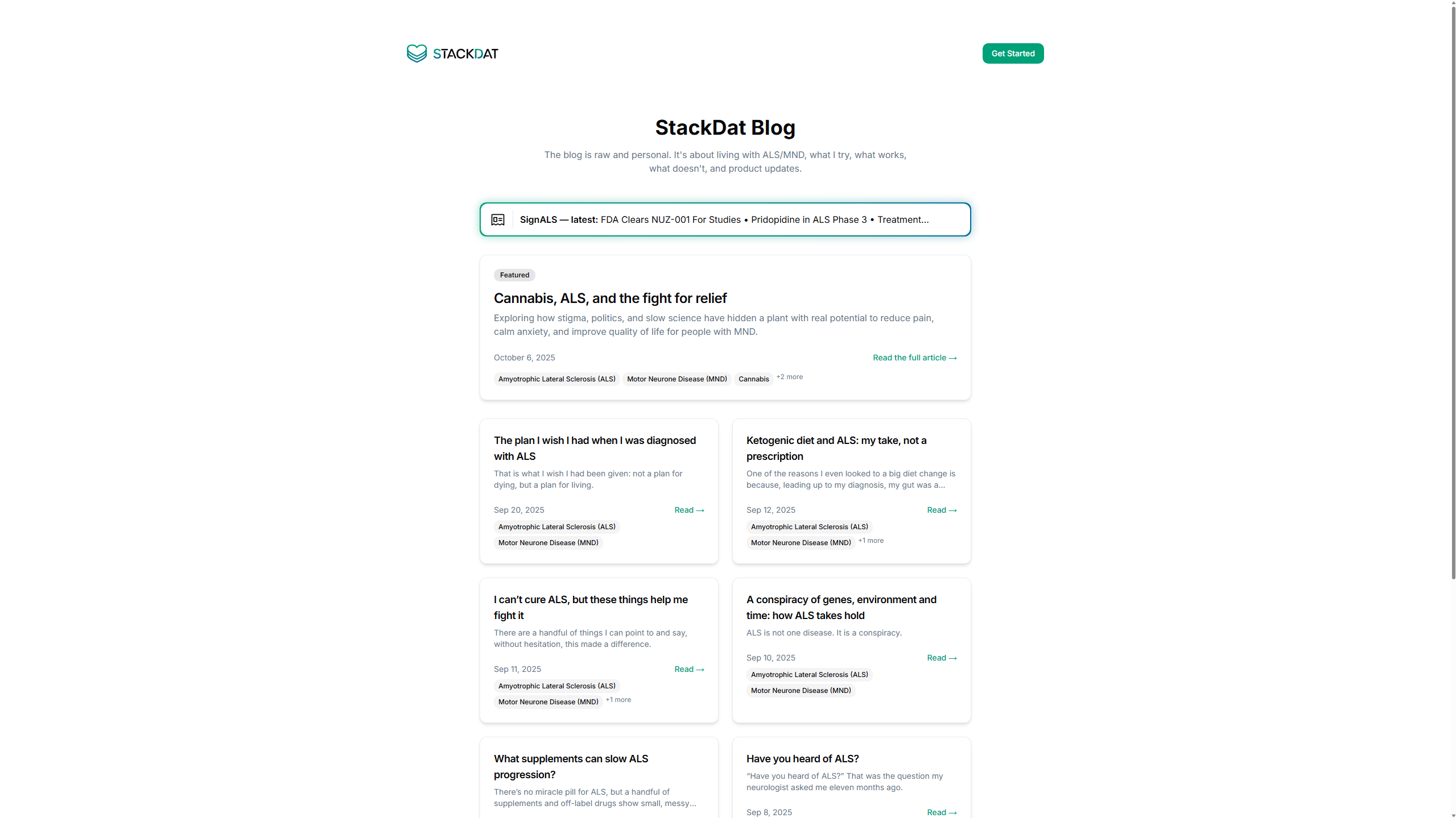Screenshot of the Blog and Signals section showing recent posts and summaries with a clean reading layout.
