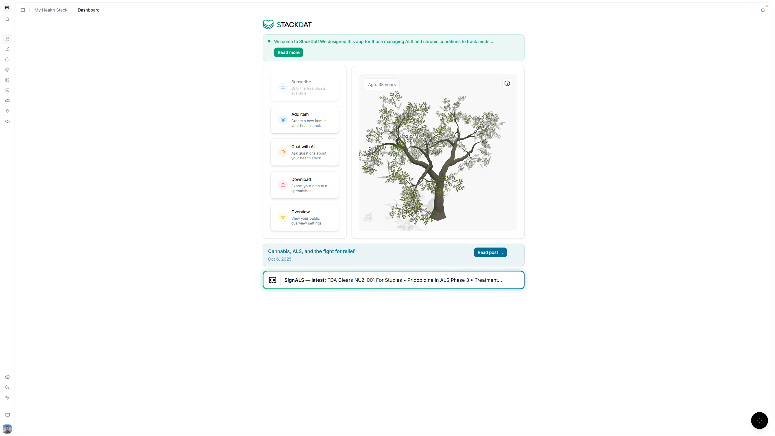 Screenshot of the StackDat dashboard showing quick access to Blog, Signals, and Surveys tabs.
