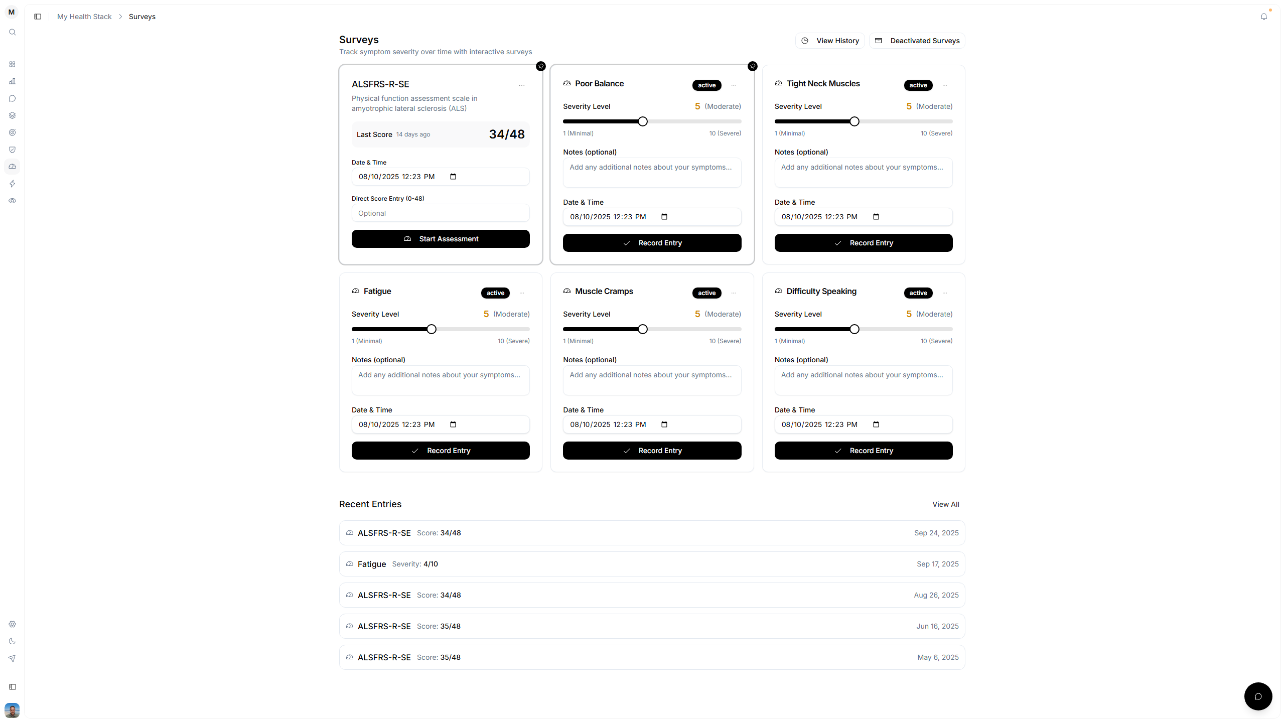 Screenshot of the new Surveys tab showing symptom severity tracking cards and automatic survey creation.